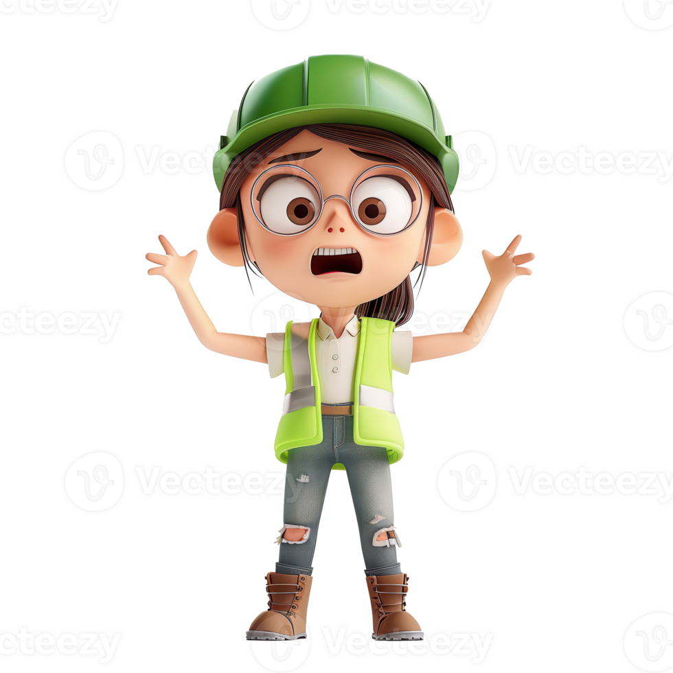Cute animated engineer character with green helmet, protective vest, and glasses expressing surprise on a white background. png