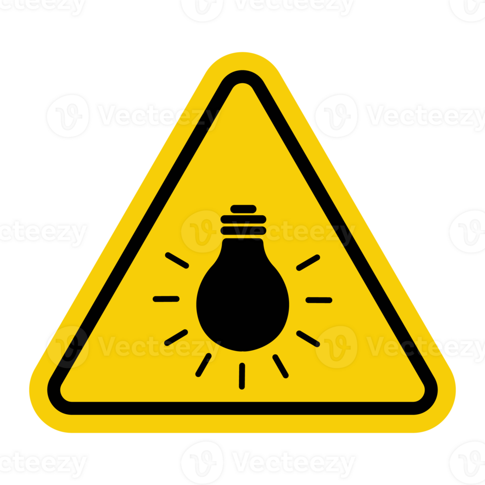 Sign bright light bulb. Sign bright light Warning sign about bright light or bright bulb. The light source may be harmful to the eyes. Incandescent lamp. Warning yellow triangular road sign. png