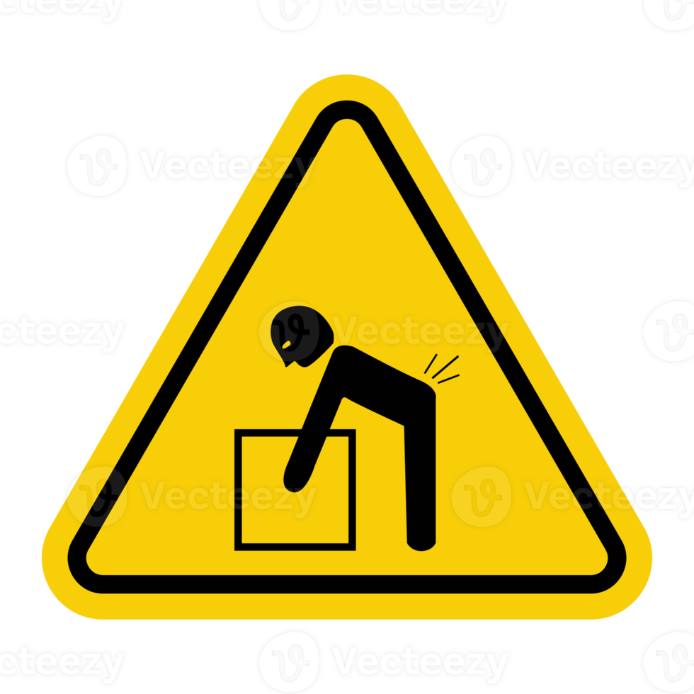 Sign is a heavy object. Don't wear it alone. Alerts to take precautions to avoid back injuries. Use correct lifting techniques or aids. Warning yellow triangular sign. png