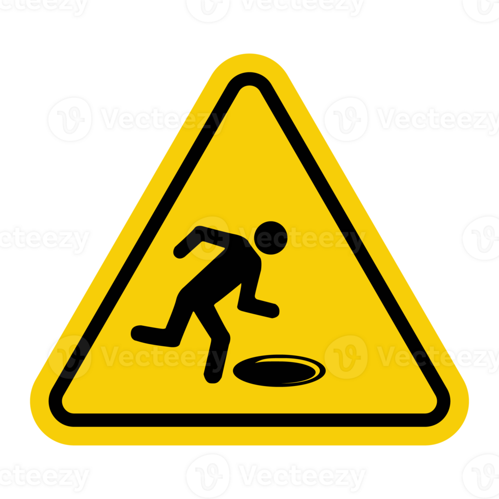 Pit sign. Open hatch sign. Warning about the presence an open hole, hatch or other depression the path. You should be especially careful and careful to avoid falling. Warning yellow triangular sign. png