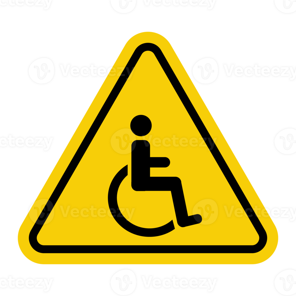 Wheelchair sign. Places intended for people with disabilities. Signage to accessible parking spaces, entrances, restrooms, elevators and other amenities for wheelchair use. Warning yellow road sign. png