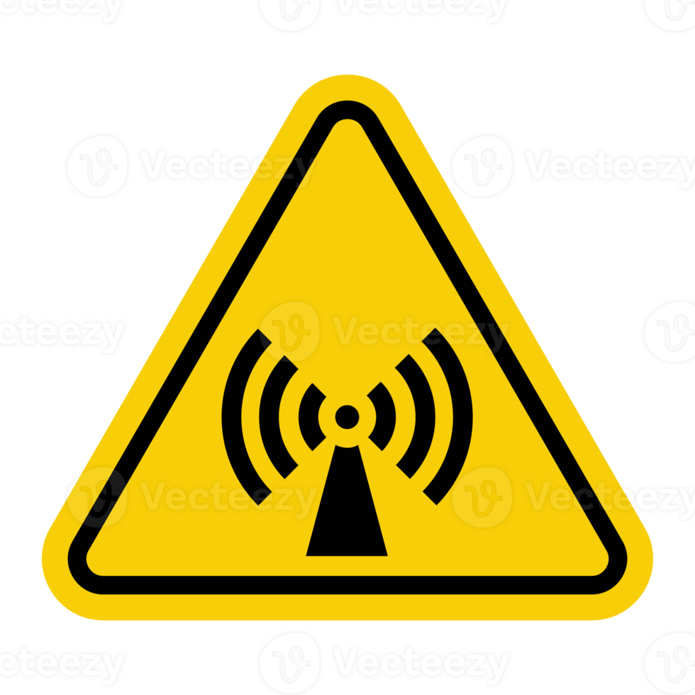 Radio frequency danger sign. Radiation sign. Radiofrequency radiation harmful to health. Sign is used in places with working transmitters, antennas, and radar stations. Warning yellow triangular sign. png