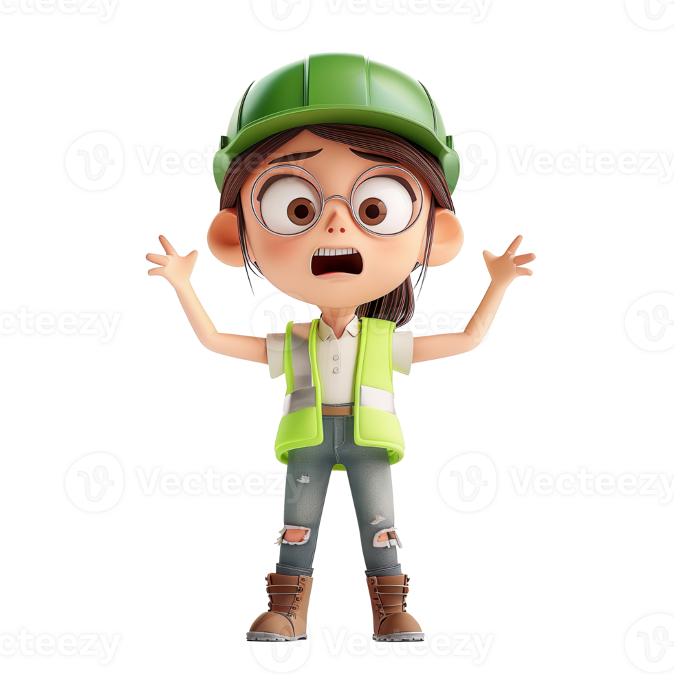 Animated girl construction worker with green helmet and safety vest, standing surprised with arms wide open and mouth agape. png