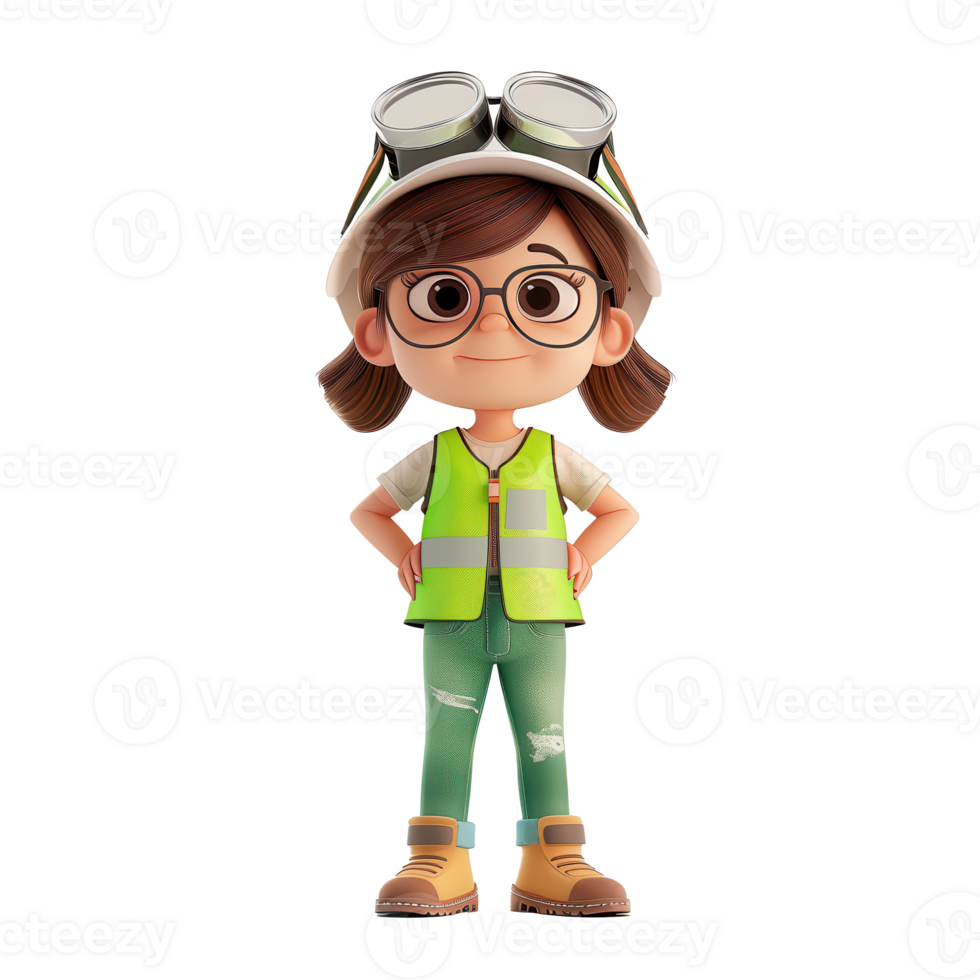 mignonne dessin animé construction ouvrier fille avec sécurité engrenage, lumière Contexte. parfait pour enfants éducatif contenu. png