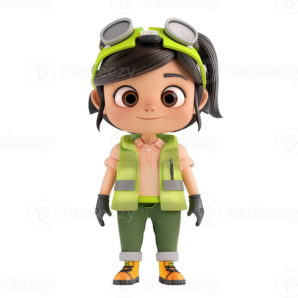 Cute animated character of a construction worker with safety gear and goggles, standing with a friendly smile and ready to work. png