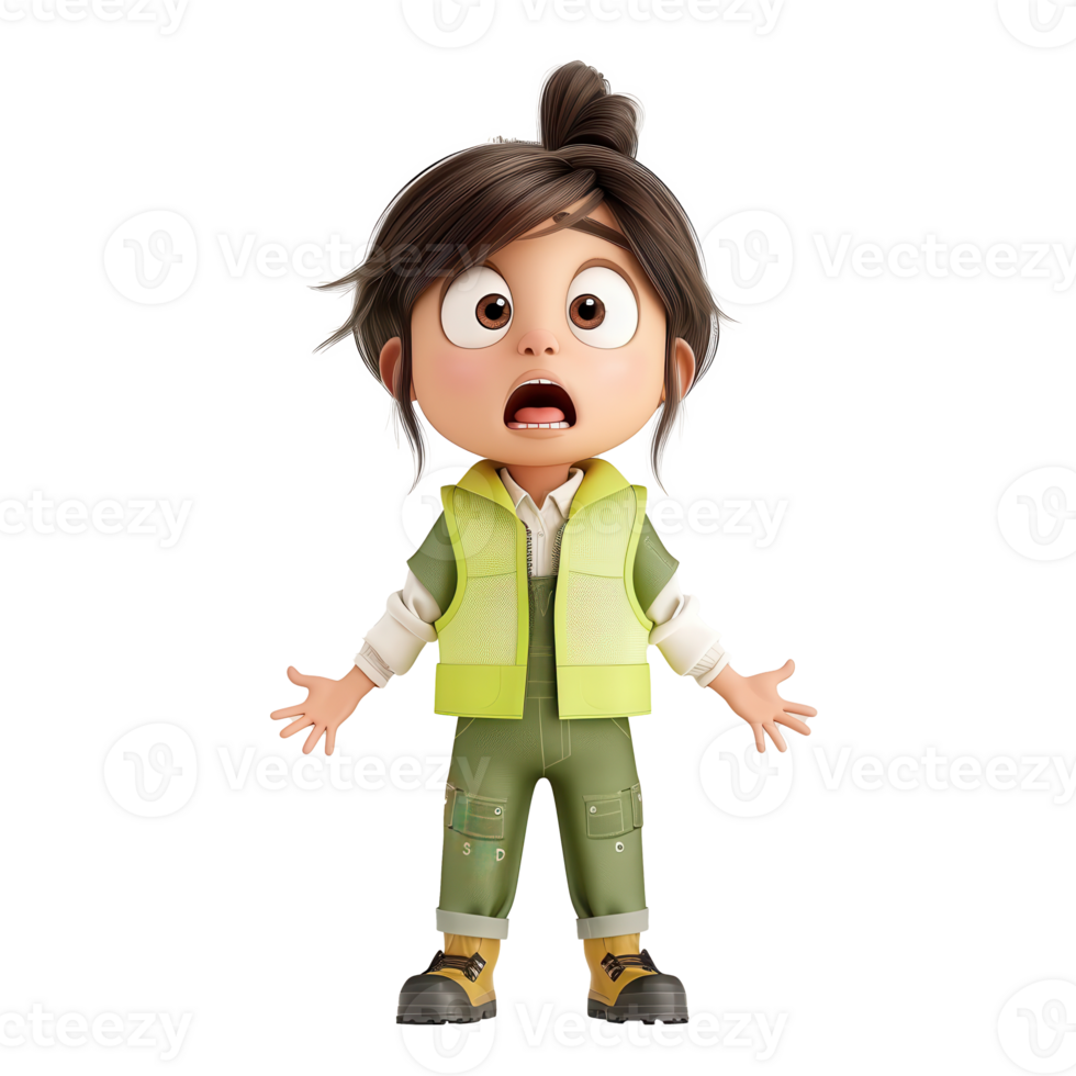 Cute animated character with surprised expression, wearing green outfit, standing against a plain background. png