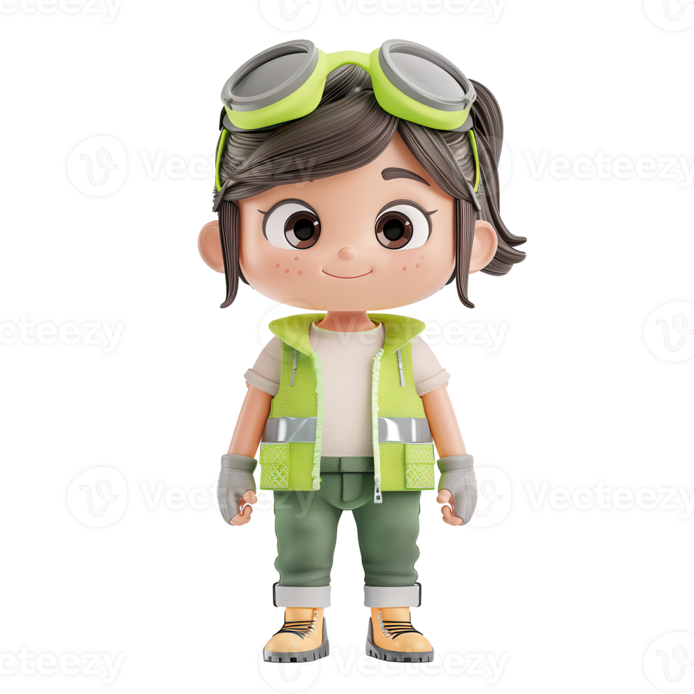 3D rendered cartoon character of a young girl in a green vest and goggles standing confidently with a smile on a white background. png