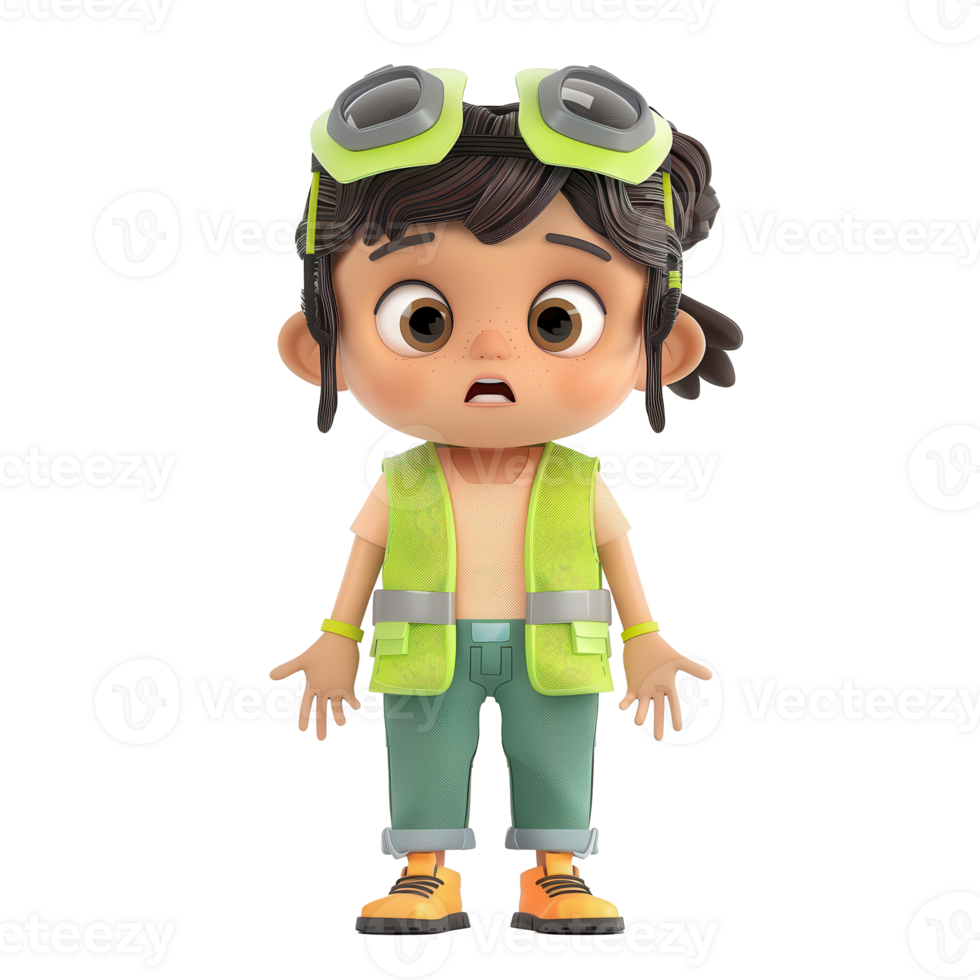 Cartoon character with a surprised expression, wearing a green vest and goggles, isolated on a white background. png