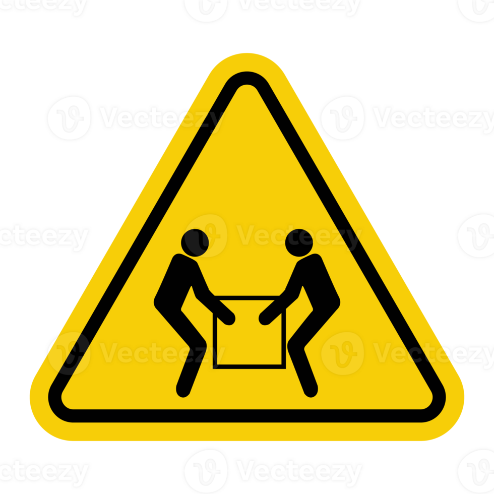 Sign two people lift load. Avoid injuries caused by improper lifting heavy objects. Lift heavy objects using two people to prevent injury and ensure safety work. Warning yellow triangular road sign. png