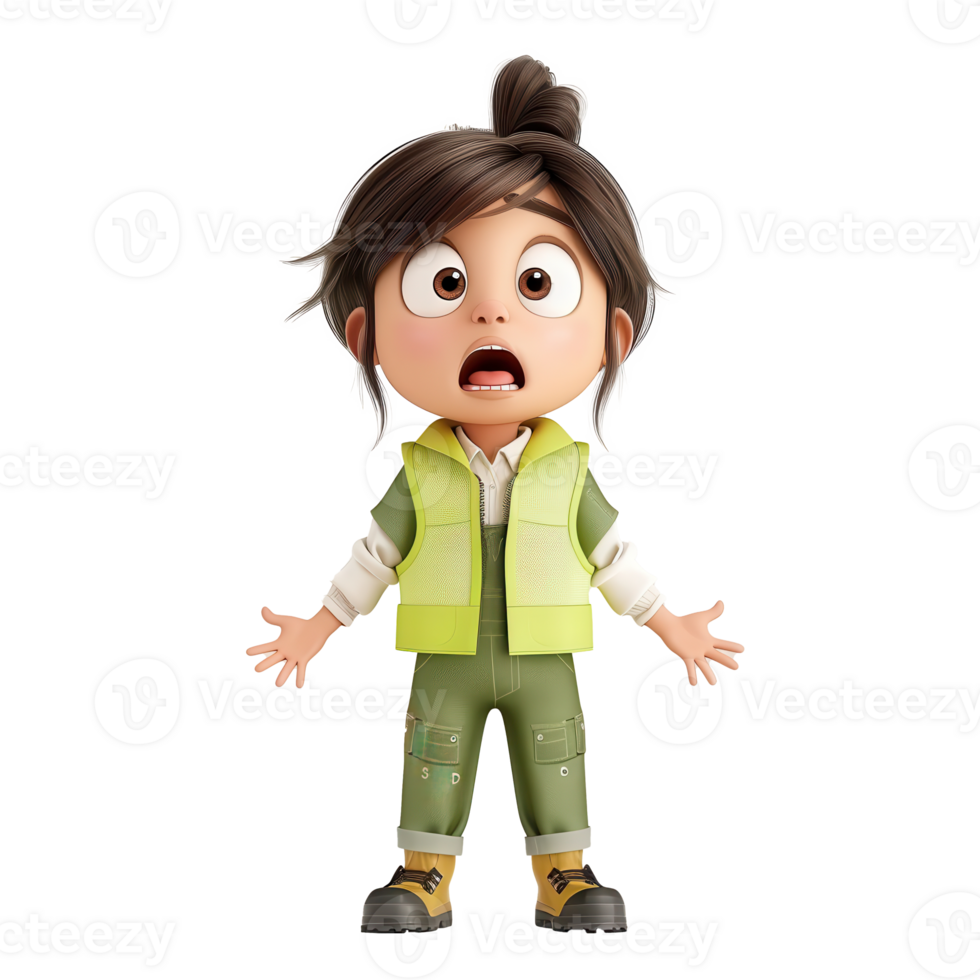 Animated child character with surprised expression, wearing green vest and pants, standing on white background. png