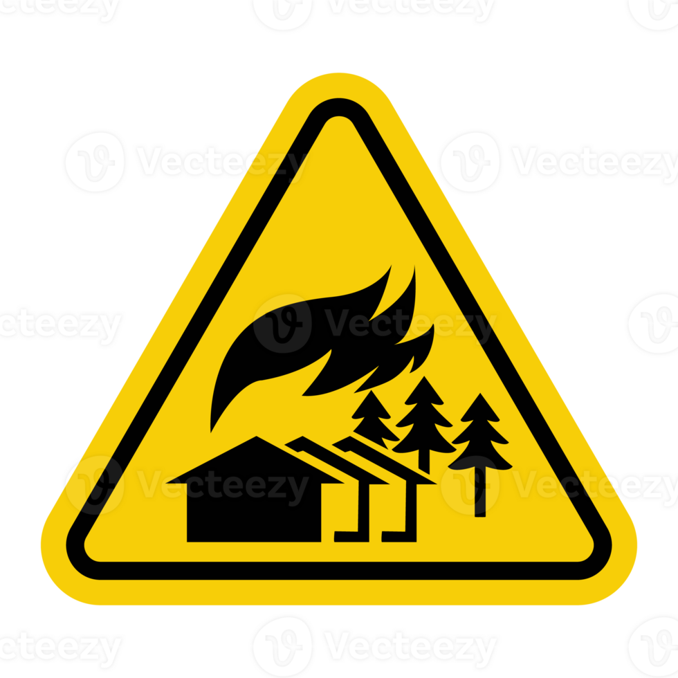 Fire sign. Danger of large fire. The sign is used in areas where there is a high probability of large fires such as forests. Warning yellow triangular sign. png