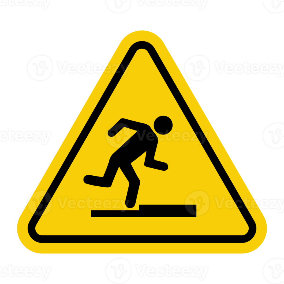 Threshold sign, curb. Obstacle sign. Sign stumble. Presence of obstacles along way that could cause trips and falls. Use caution when crossing a threshold or curb. Warning yellow triangular road sign. png