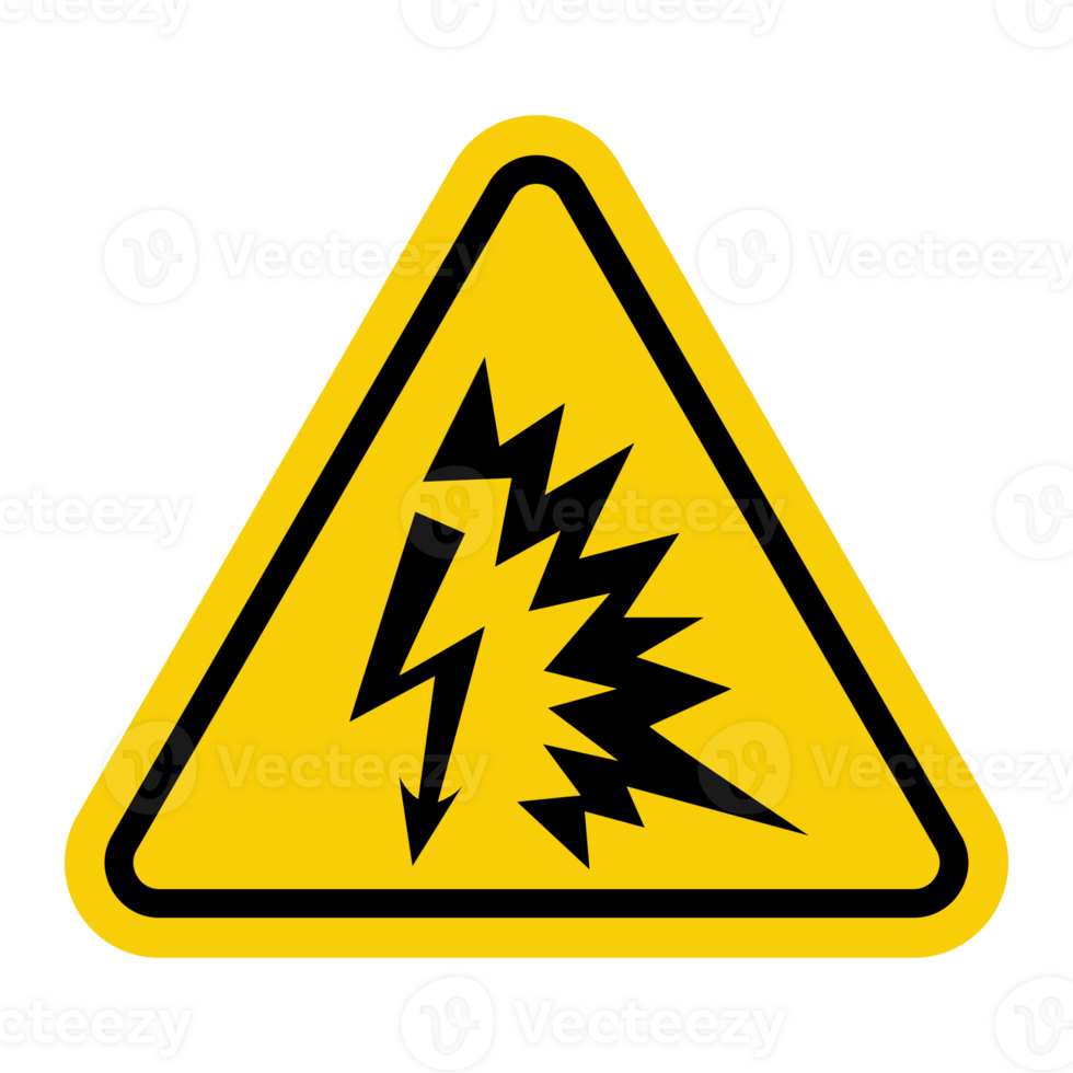 High voltage sign. Electric discharge sign. Lightning strike. Warning yellow triangular sign high voltage equipment or danger electric shock at transformer substations, electrical panels, power lines. png