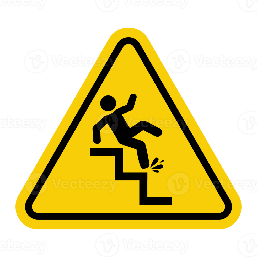 Slippery stairs sign. Caution stairs may become slippery due to weather conditions, water, oil or other factors. Prevention of accidents. Warning yellow triangular road sign. png
