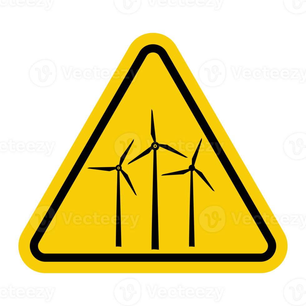 Wind generator sign. Wind turbine sign. Noise or ice falling from wind turbine blades poses a danger to people and equipment. Follow safety instructions. Warning yellow triangular road sign. png