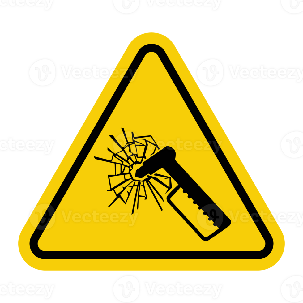 Emergency hammer sign. Location of hammer for breaking glass in an emergency such an accident or fire. Used in buses, trains and buildings to provide rapid evacuation. Warning yellow triangular sign. png