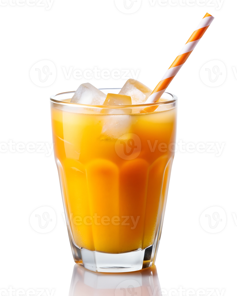 Orange juice with a straw and ice cubes in a faceted glass glass isolated on a transparent background. For the design of menus, fruit juice and food stores, cosmetics png