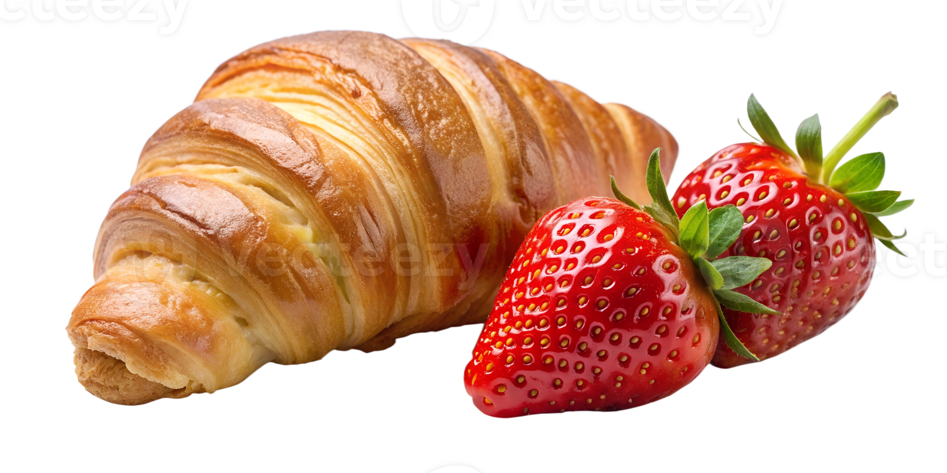 Croissants on a white isolated background, front view. Serve yourself a delicious croissant with whole strawberries, suitable for menu design, restaurants, bakeries. French classics . png