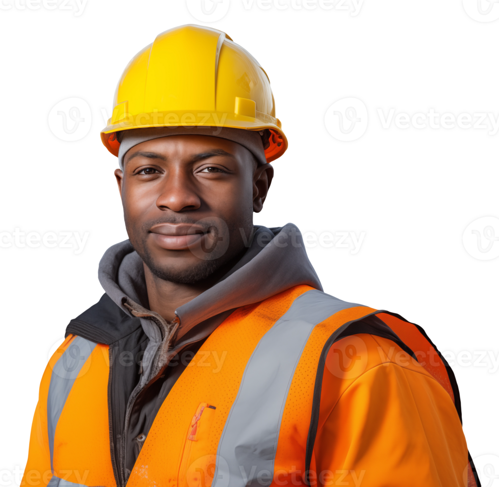 A young male construction worker in helmet stands on a transparent background png