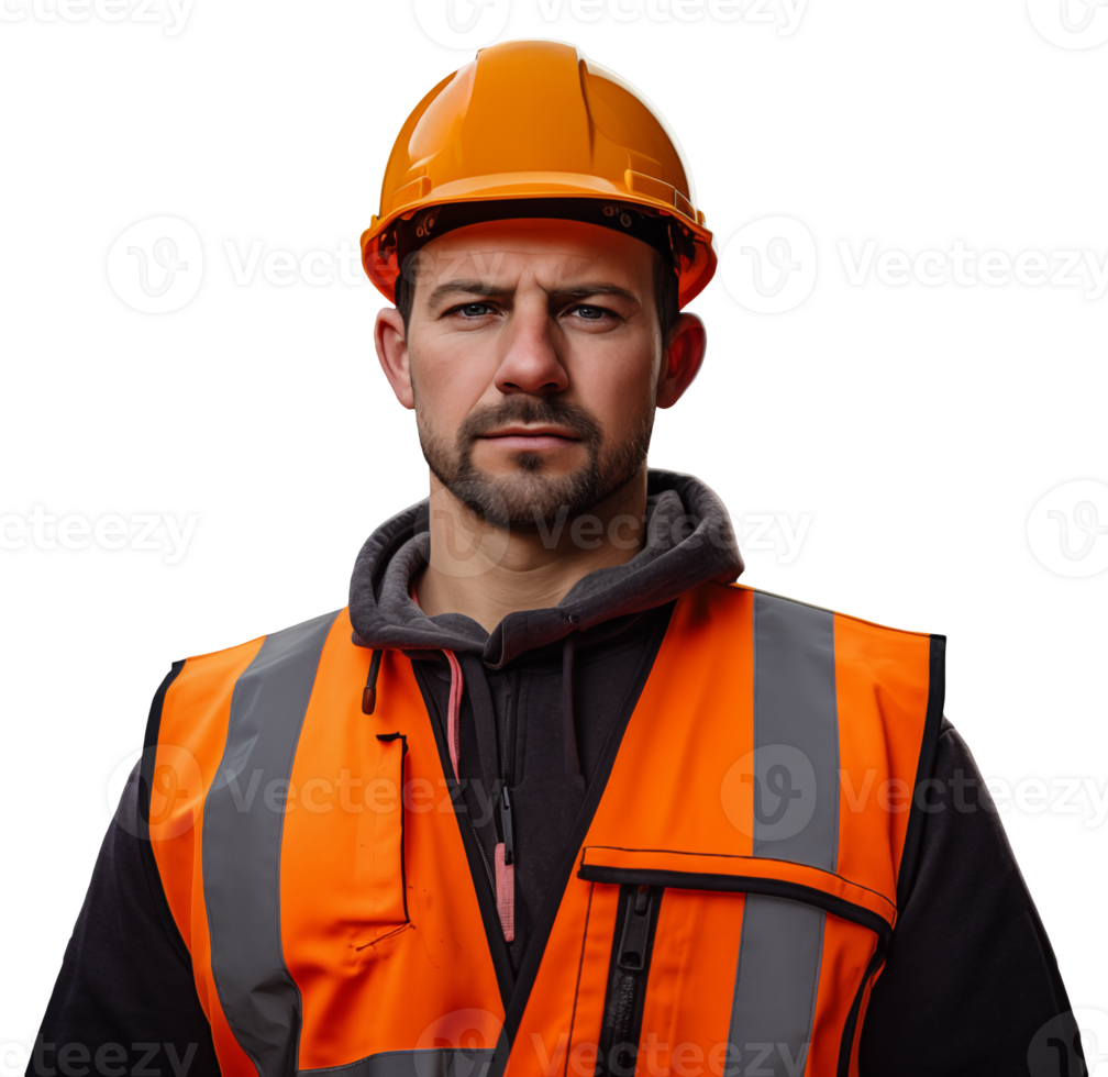 A young male construction worker in helmet stands on a transparent background png