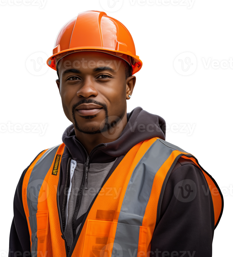 A young male construction worker in helmet stands on a transparent background png