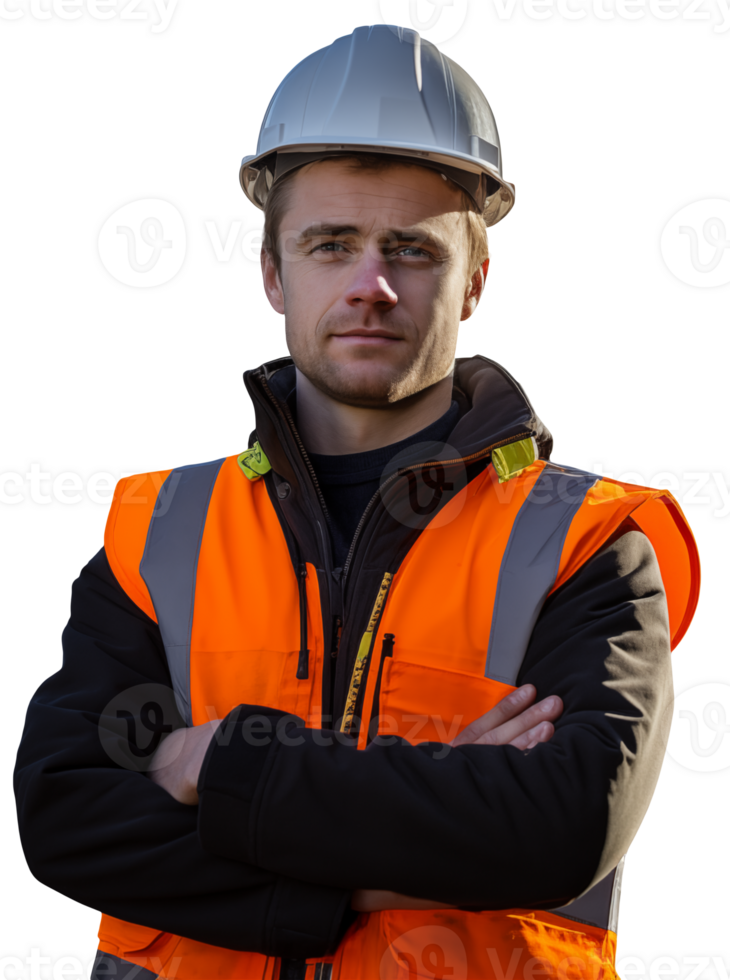 A young male construction worker in helmet stands on a transparent background png