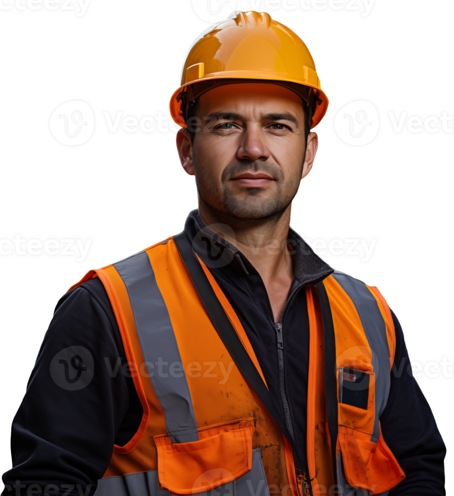 A young male construction worker in helmet stands on a transparent background png