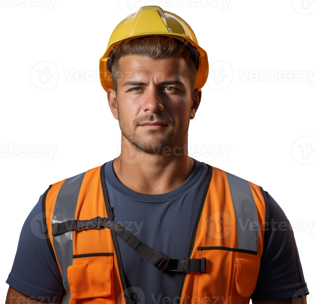 A young male construction worker in helmet stands on a transparent background png