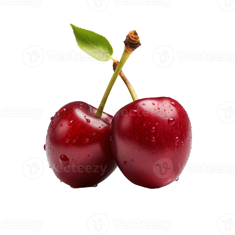 Fresh Red Cherries with Stems Isolated on Transparent Background. Concept of Juicy Summer Fruits and Healthy Eating. png