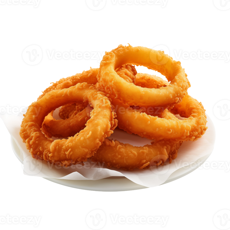 Plate of Crispy Onion Rings Isolated on Transparent Background. Concept of Fried Snacks and Appetizers. png