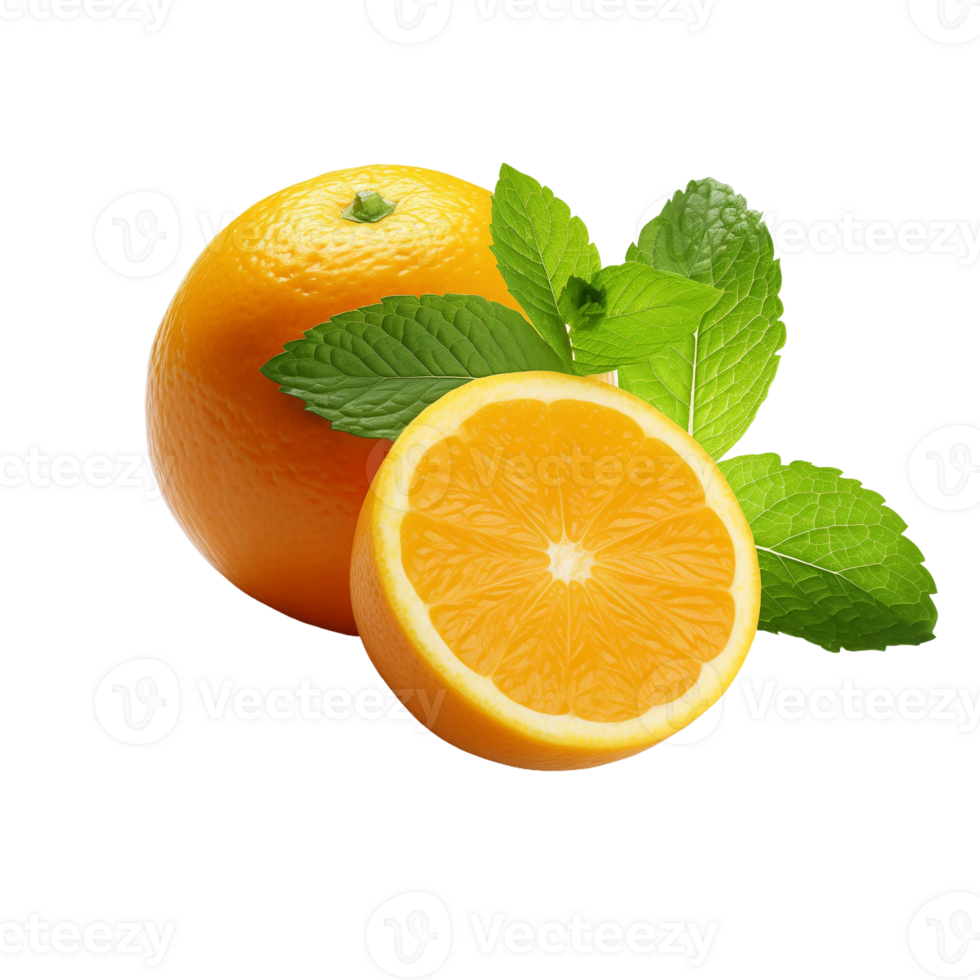 Whole and Halved Oranges with Mint Leaves Isolated on Transparent Background. Concept of Fresh Citrus Fruits and Healthy Eating. png