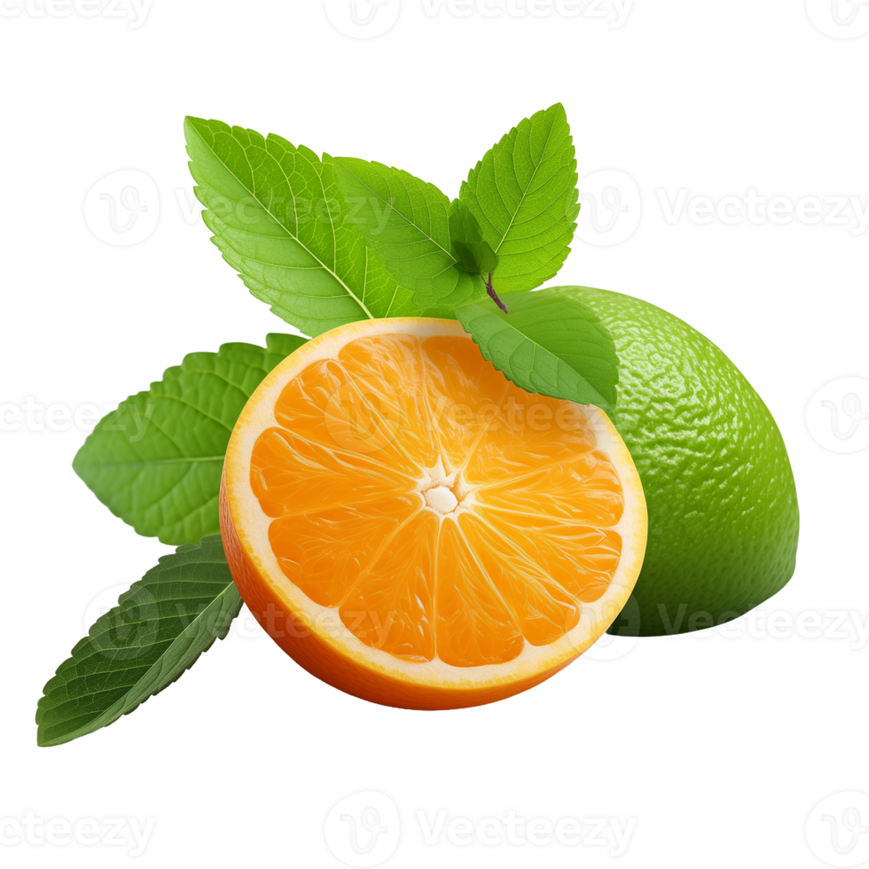 Halved Orange and Lime with Mint Leaves Isolated on Transparent Background. Concept of Fresh Citrus Fruits and Healthy Eating. png