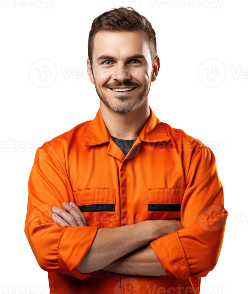 Confident Mechanic Standing Arms Crossed Against isolated cutout on transparent background. png
