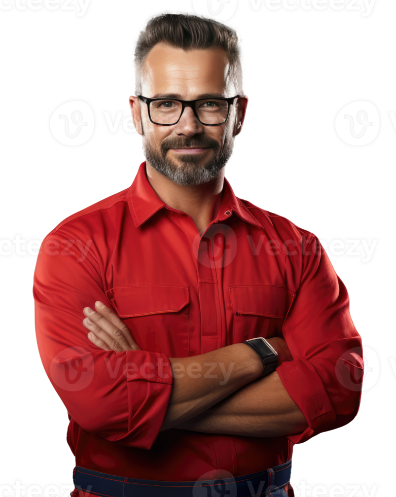 Confident Mechanic Standing Arms Crossed Against isolated cutout on transparent background. png