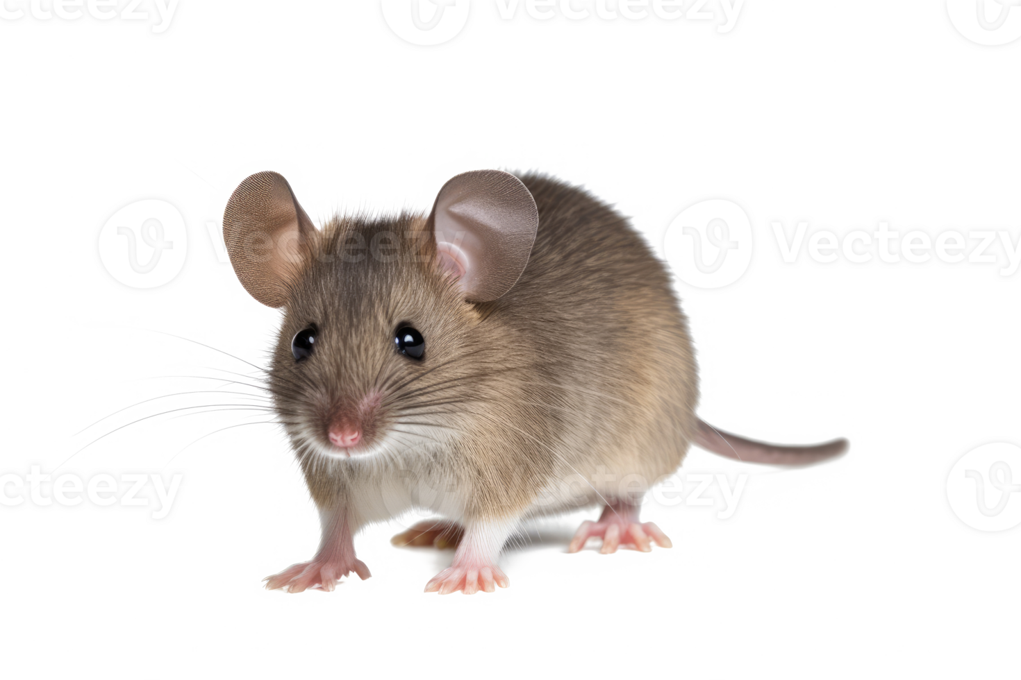 Close up of plain house mouse aka Mus Musculus, standing facing front isolated on white or transparent background. png