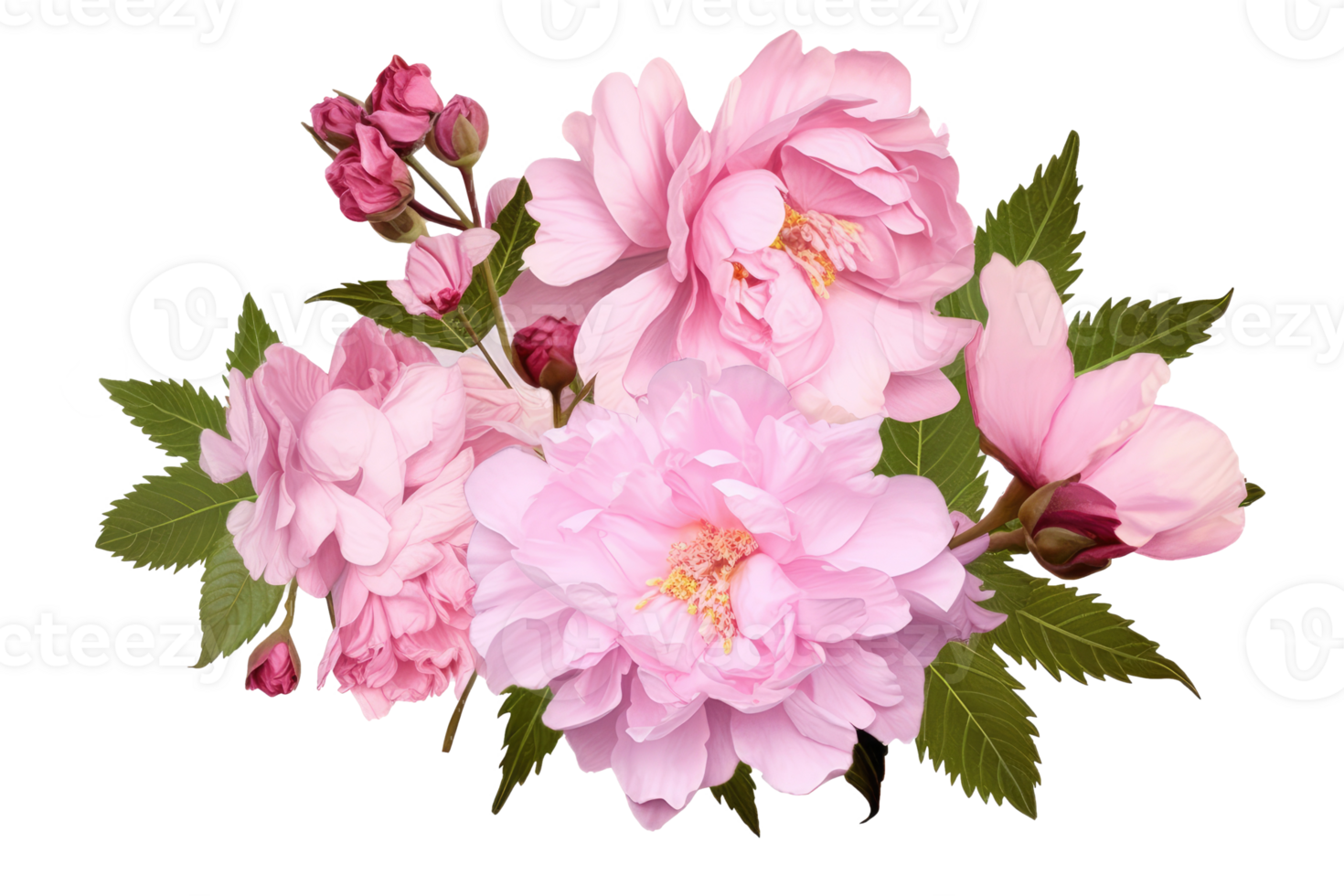 Pink peonies and onobrychis flowers in a floral arrangement isolated on white or transparent background, png