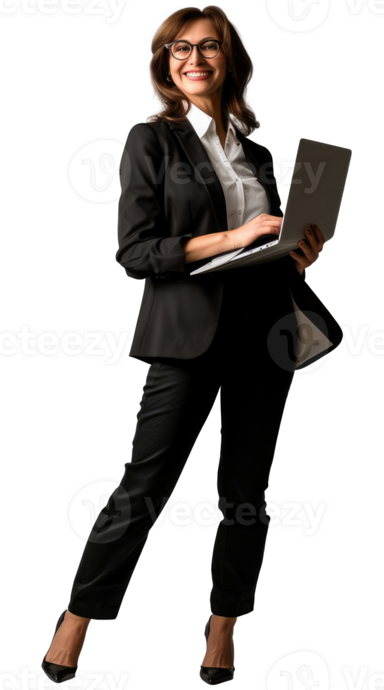 Full body portrait of positive cheerful ceo expert business woman work at laptop isolated on white or transparent background. png