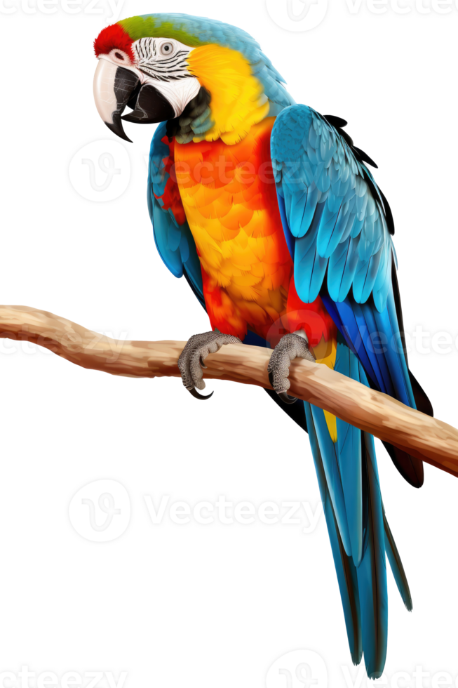 Macaw parrot on a branch isolated on transparent or white background, png