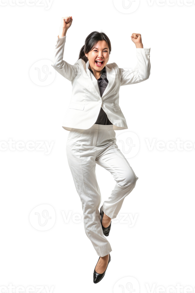 Business woman celebrating happy and cheerful in white suit in full body. Cheering winner gesturing in joyful dance over success isolated on white or transparent background. png
