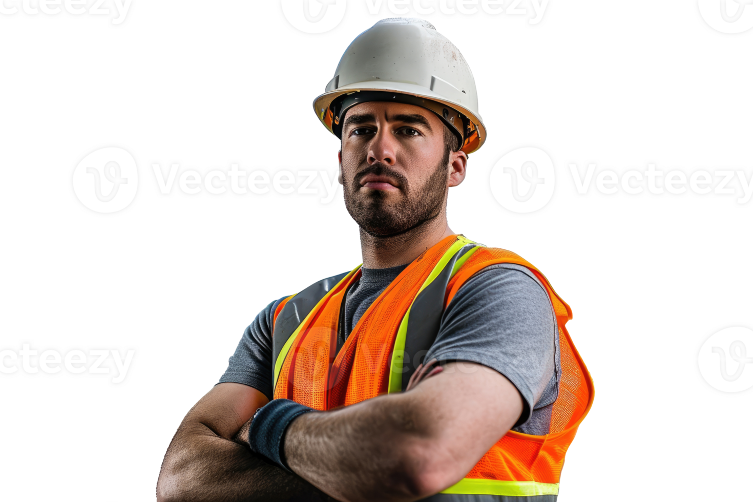 Portrait of male construction worker arms crossed wearing protective clothes, helmet isolated on white or transparent background. png