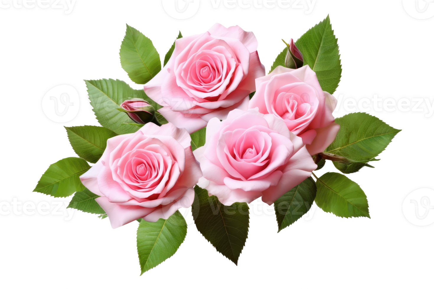 Pink rose flowers with green leaves in a floral arrangement isolated on white or transparent background, png