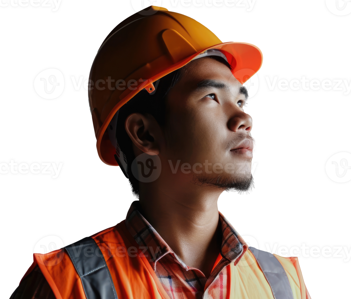 Portrait asia of construction worker in uniform isolated on white or transparent background. png