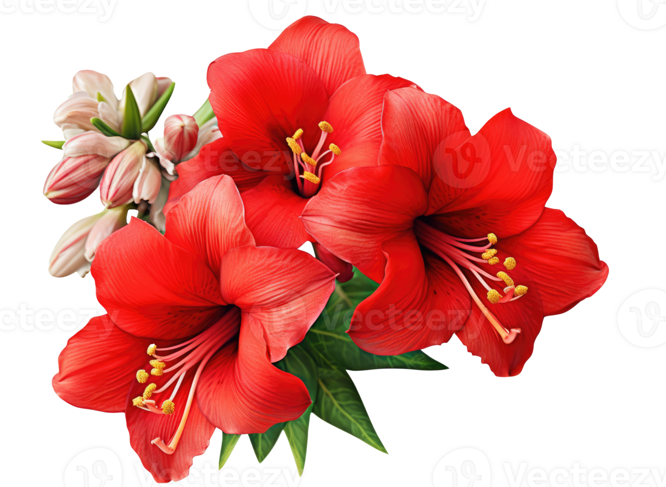 Red amaryllis flowers in a floral corner arrangement isolated on white or transparent background, png