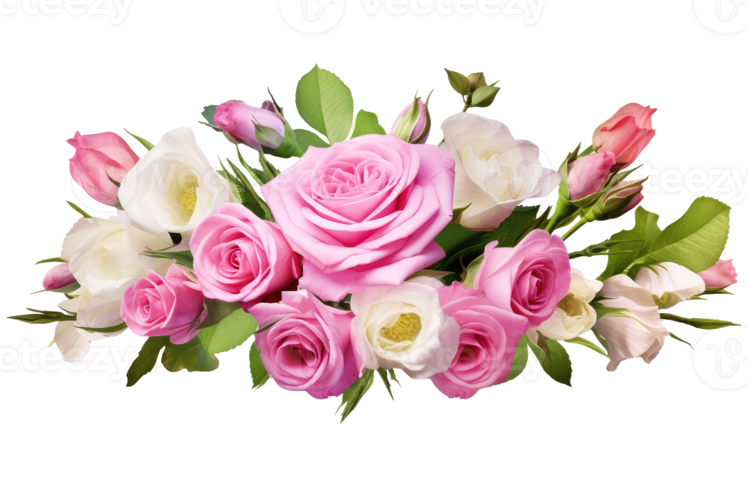 Pink roses and eustoma Lisianthus flowers in a floral arrangement isolated on white or transparent background, png