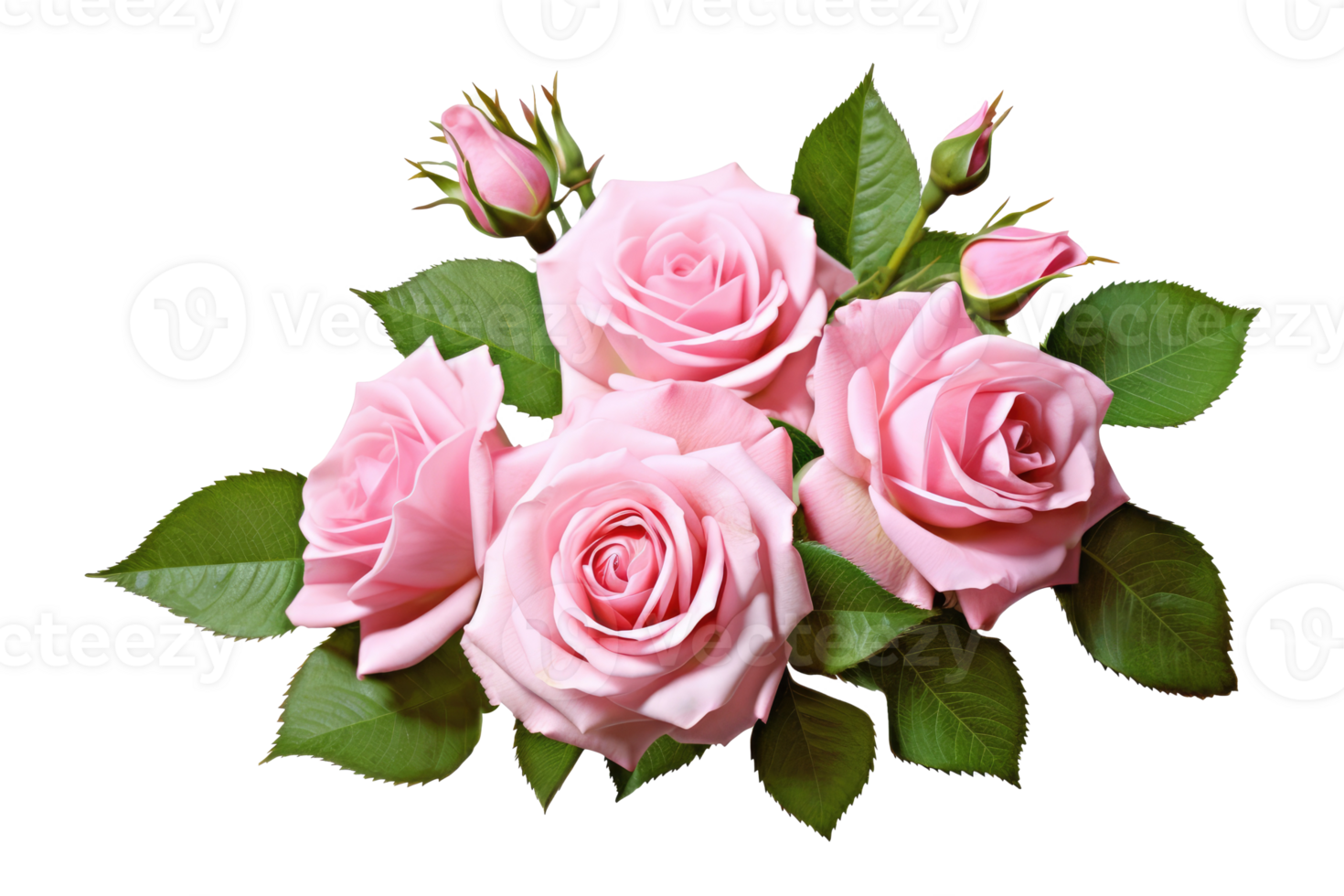 Pink rose flowers with green leaves in a floral arrangement isolated on white or transparent background, png