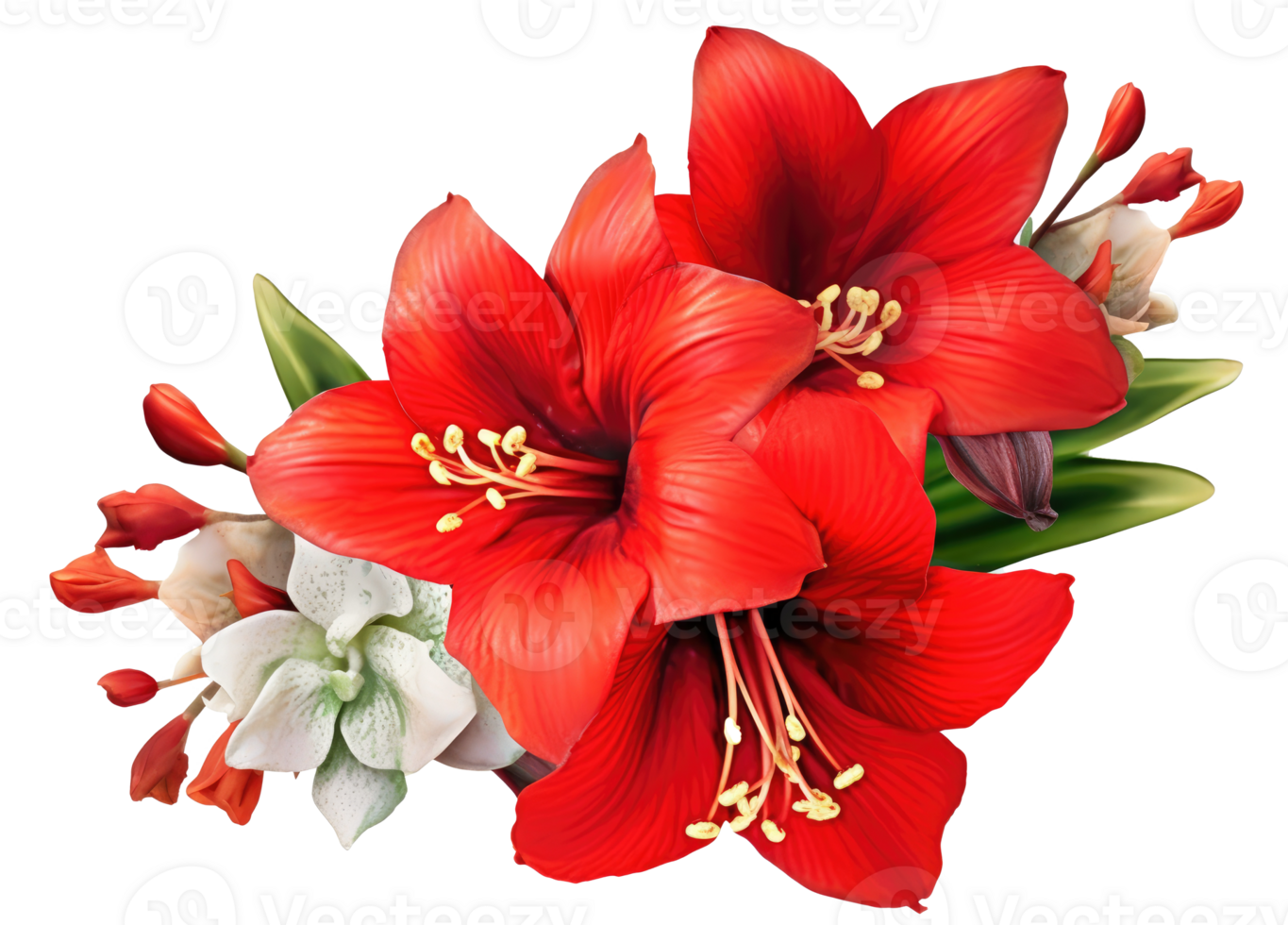 Red amaryllis flowers in a floral corner arrangement isolated on white or transparent background, png