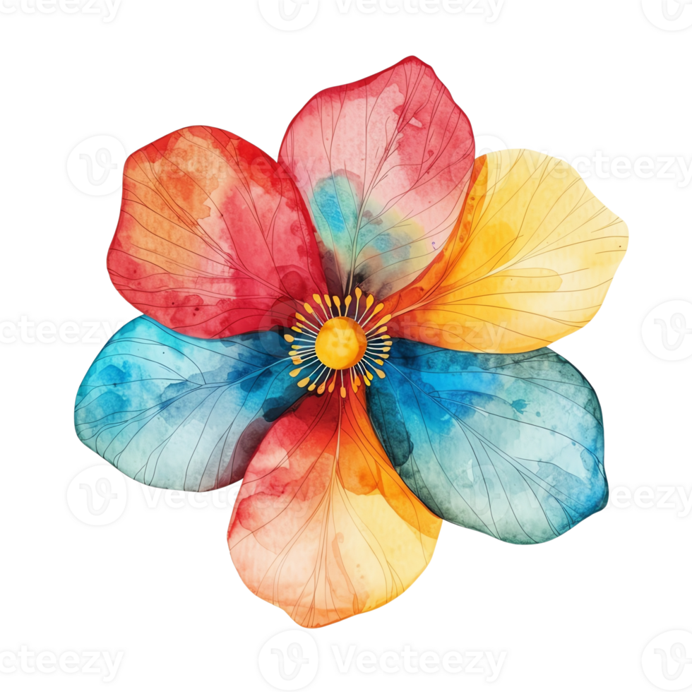 Vibrant watercolor flower with multicolored petals, perfect for creative and artistic projects in need of a colorful floral element. png
