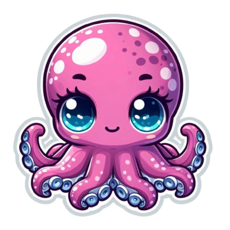 Octopus with big eyes and tentacles in pink and white png