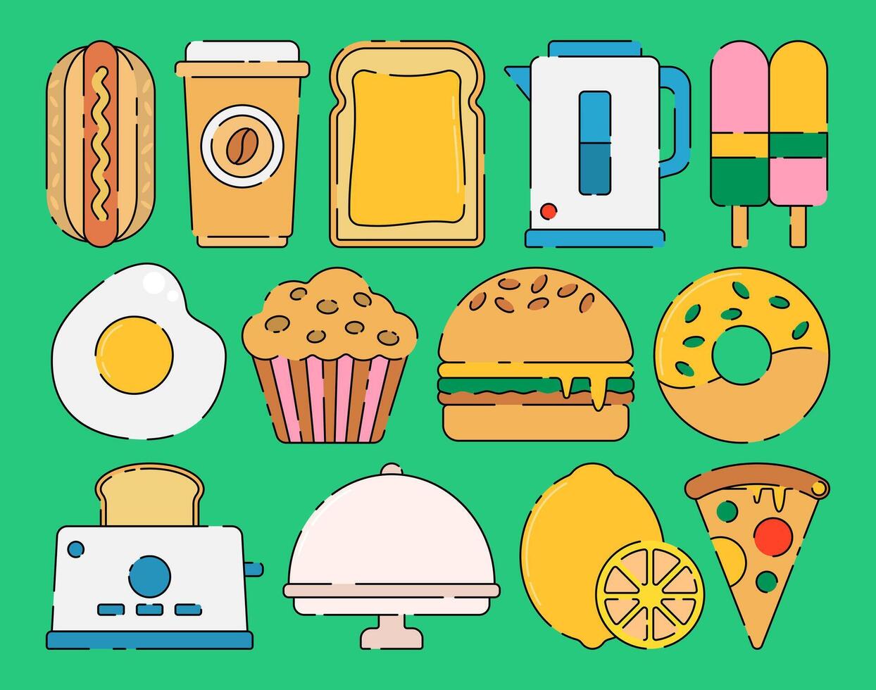 Fast Food Concept Collection. Food and drinks on Green background. Flat Design Illustration. vector