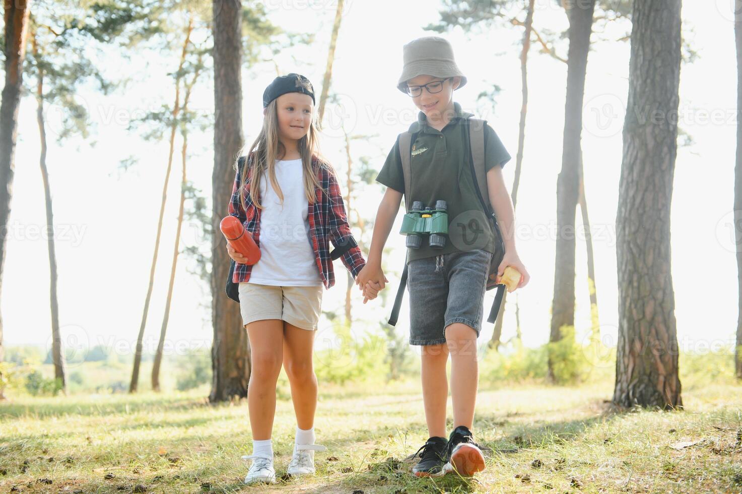 boy and girl go hiking with backpacks on forest road bright sunny day photo